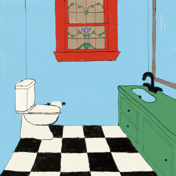 An empty bathroom with a checkered floor and stained glass window.