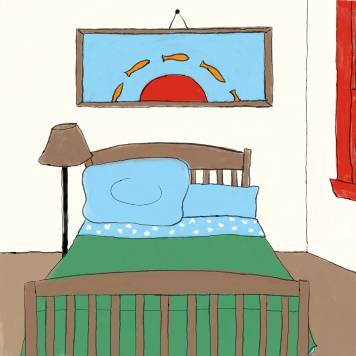 A neat bed, viewed from the front. Above it, a painting of fish flying over a sun. To the right, the edge of a window.