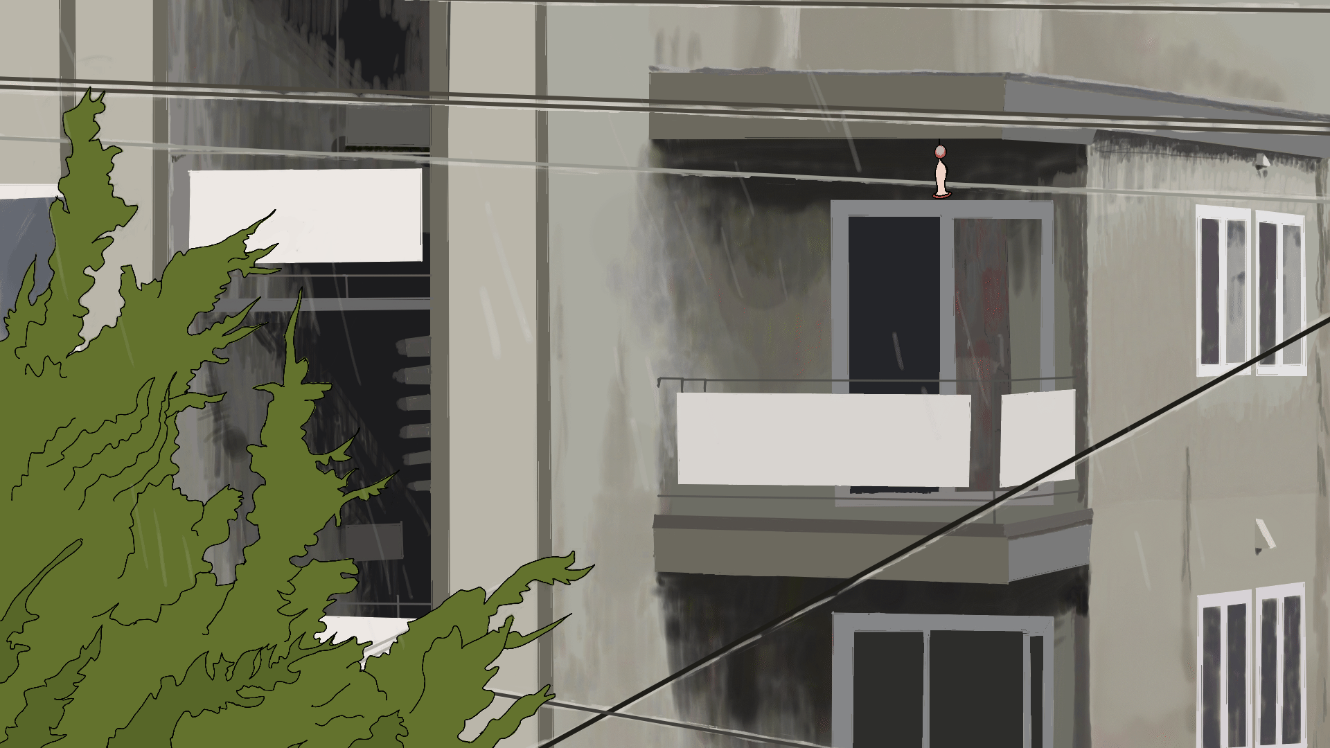 Animation of a rainy apartment building, plants and bird feeder blowing in the wind.